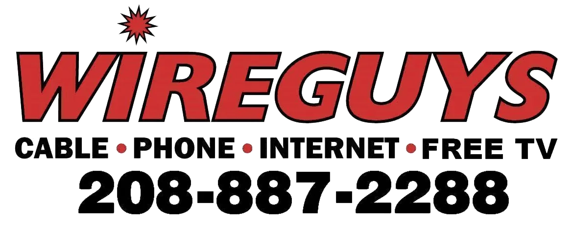 Logo for WireGuys: red text on white background, advertising cable, phone, internet, and free TV. Phone number: 208-887-2288.