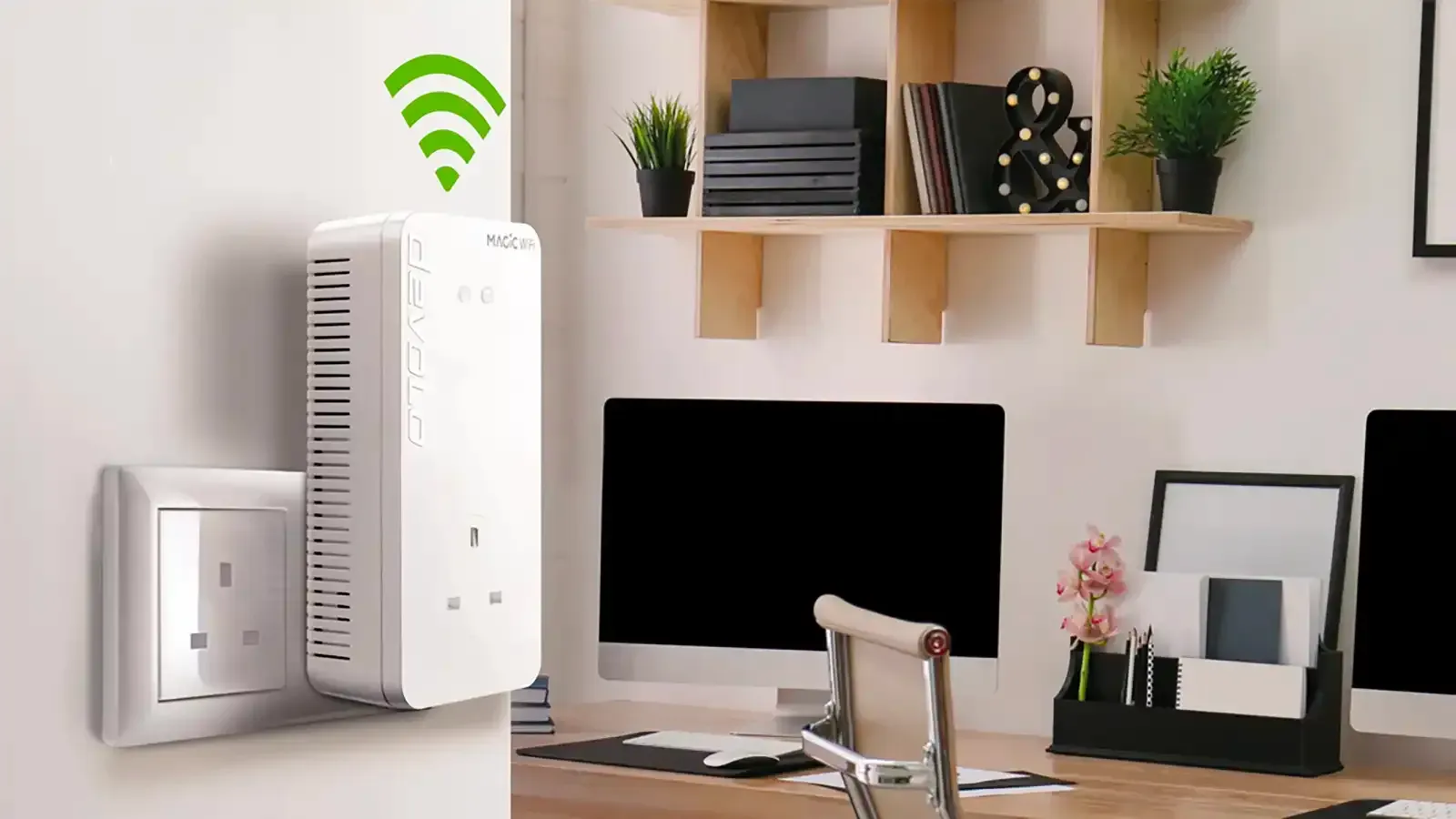 Powerline Wi-Fi extender plugged into a wall outlet in a home office